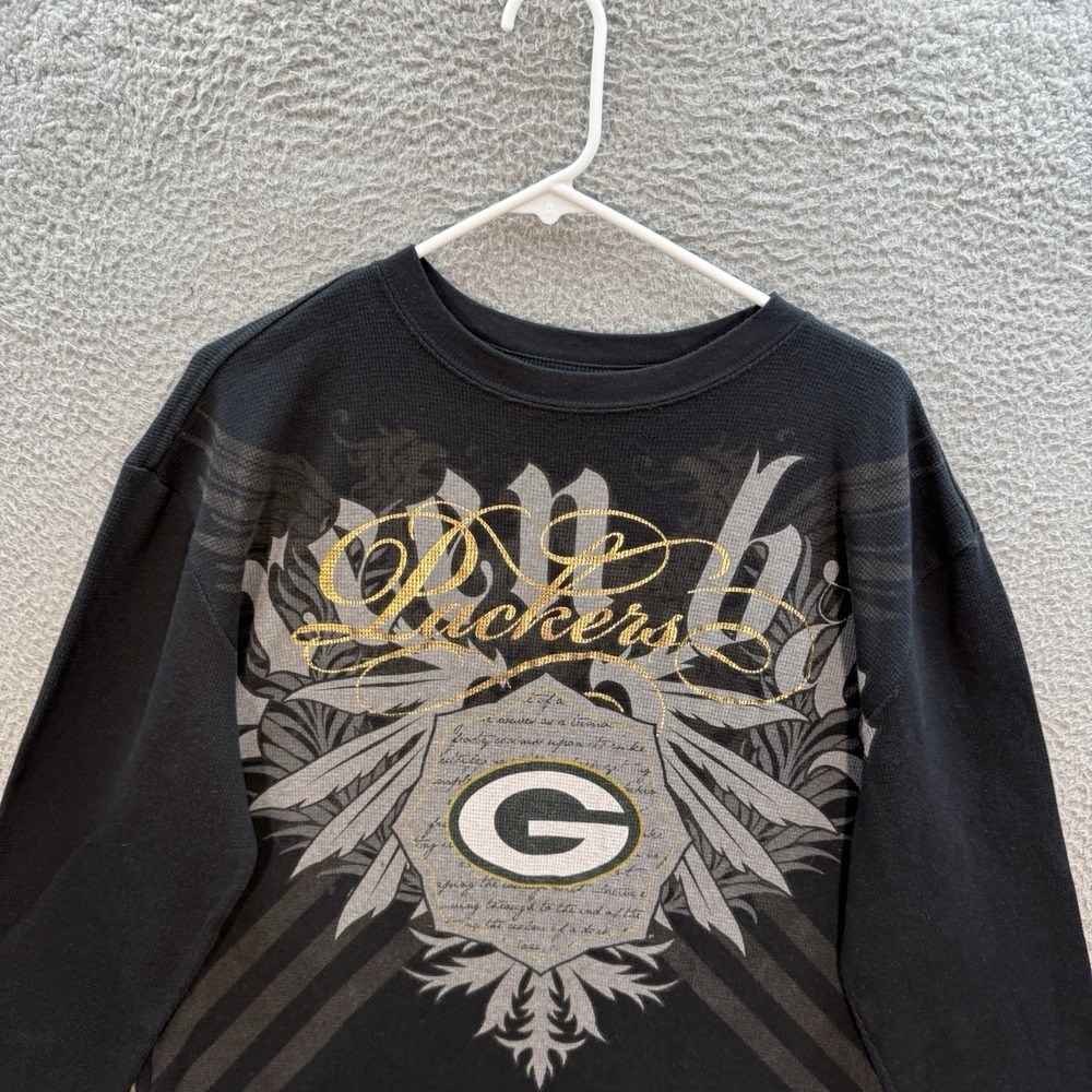 Green Bay Packers Shirt Adult Extra Large Black Waffle Knit Thermal Football Y2K - Picture 8 of 10